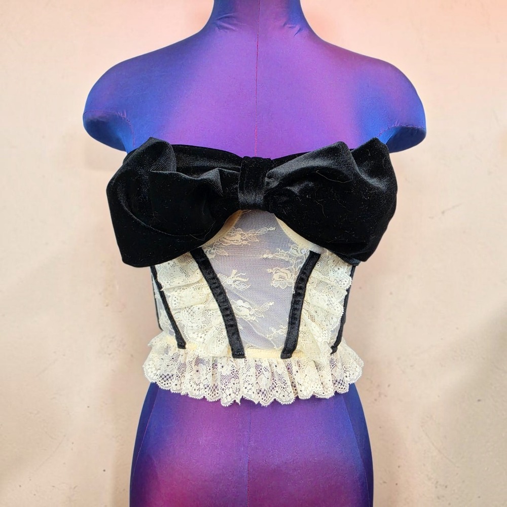 Out From Under Velvet Bow Lace Corset Top Black Cream Strapless S